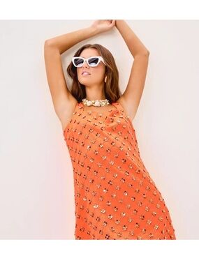 Lilly Pulitzer Tamala Beaded Shift Dress Papaya 16 NWOT
